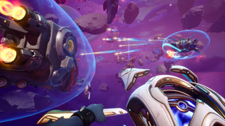 A Wildgate prospector floats in the vacuum between two spaceships in combat.