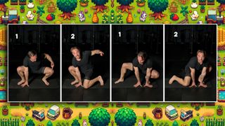 Personal trainer Tyler Buckingham performing Sumo squat one-sided knee rotations