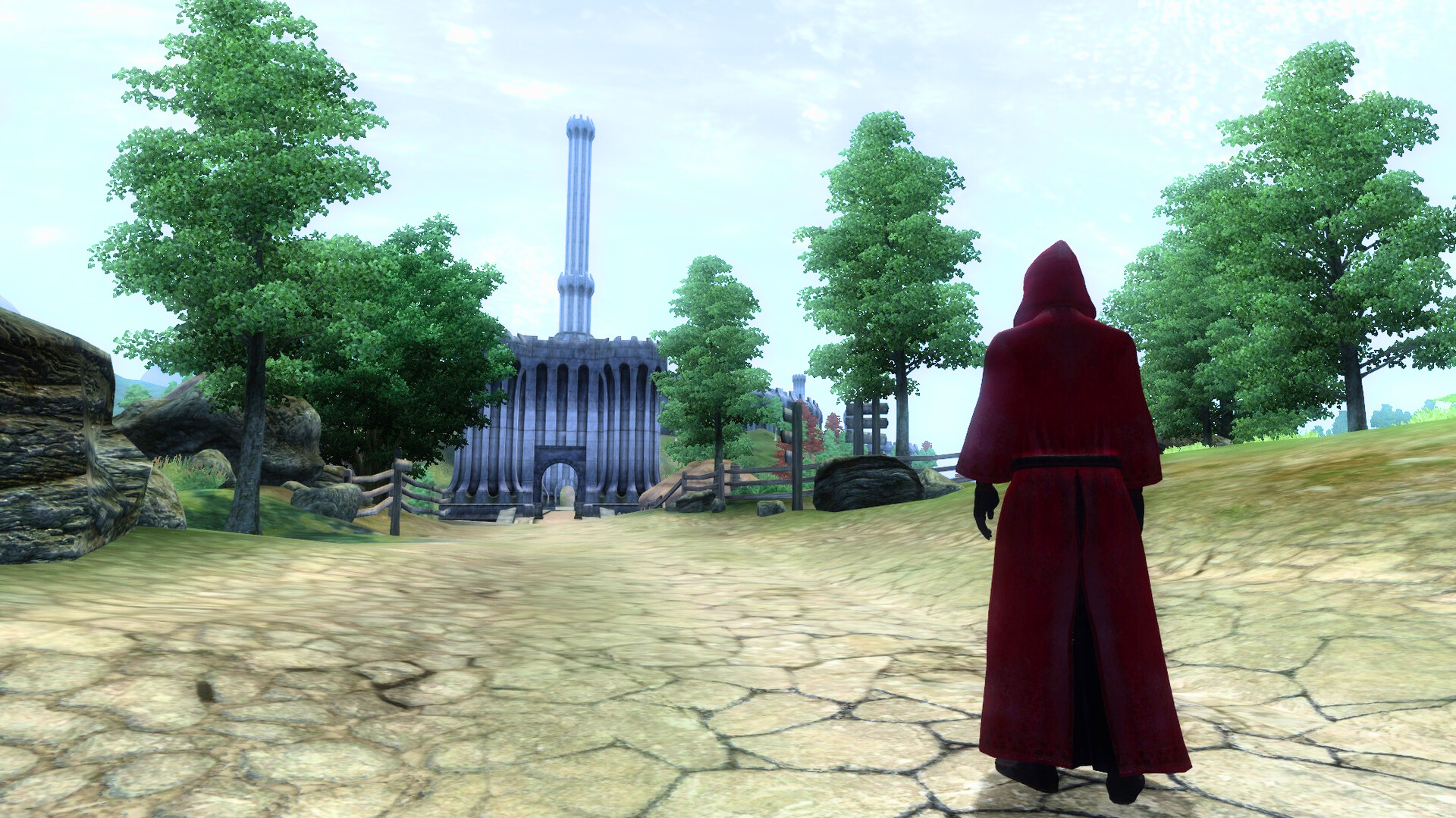 Oblivion - A character in a red rode stands outside in the sun