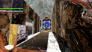 Psycho Patrol R screenshot showing interior of EFP HQ with marble walls and floors