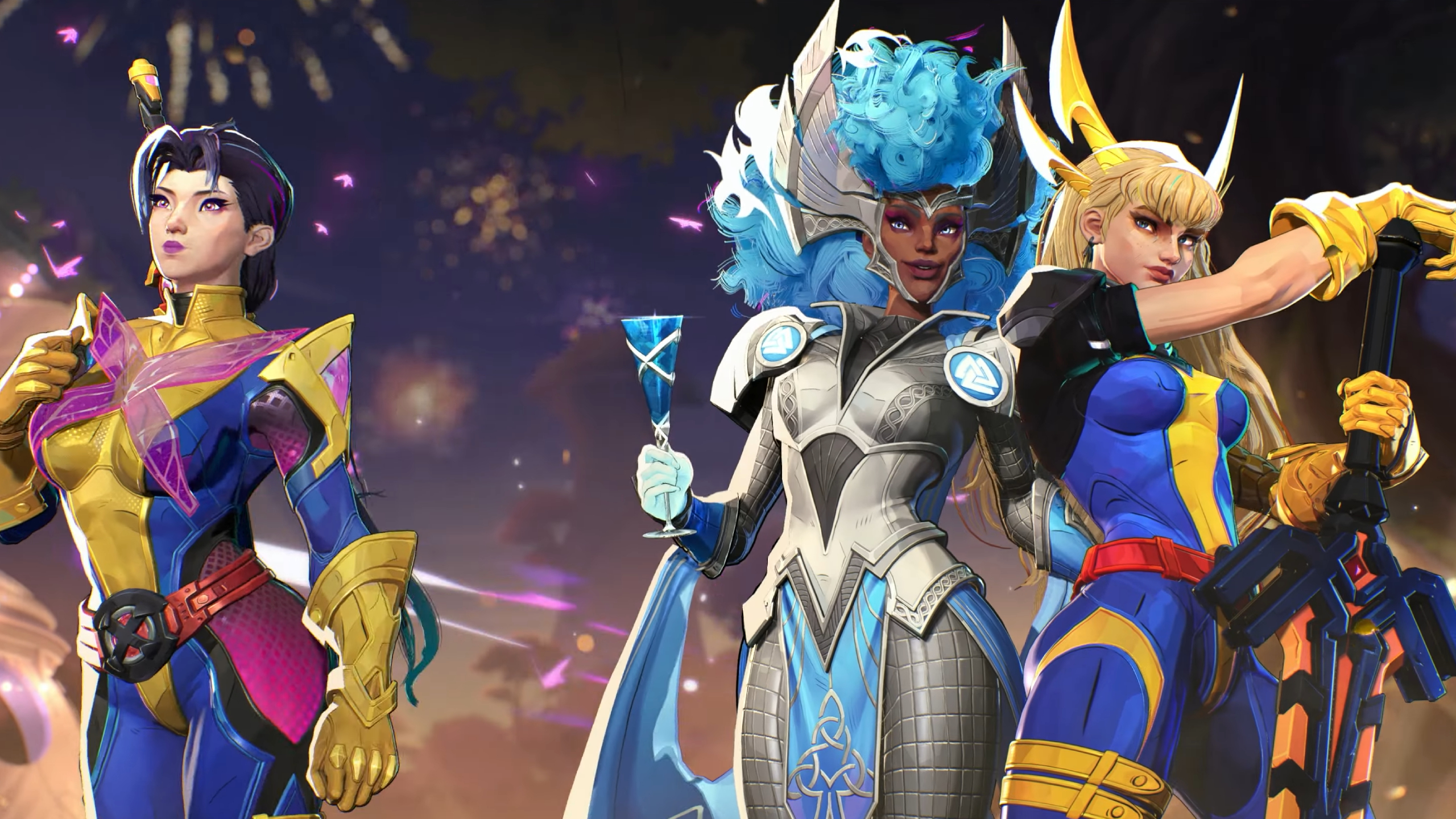 Marvel Rivals Season 2 release date - Psylocke, Storm, and Magik wearing different skins, celebrating.