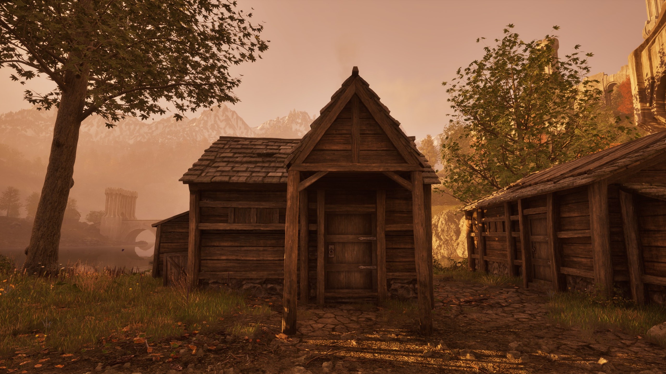The outside of the Oblivion house in Imperial City, the Waterfront Shack. It's a small, wooden shack sitting just beside others like it. 