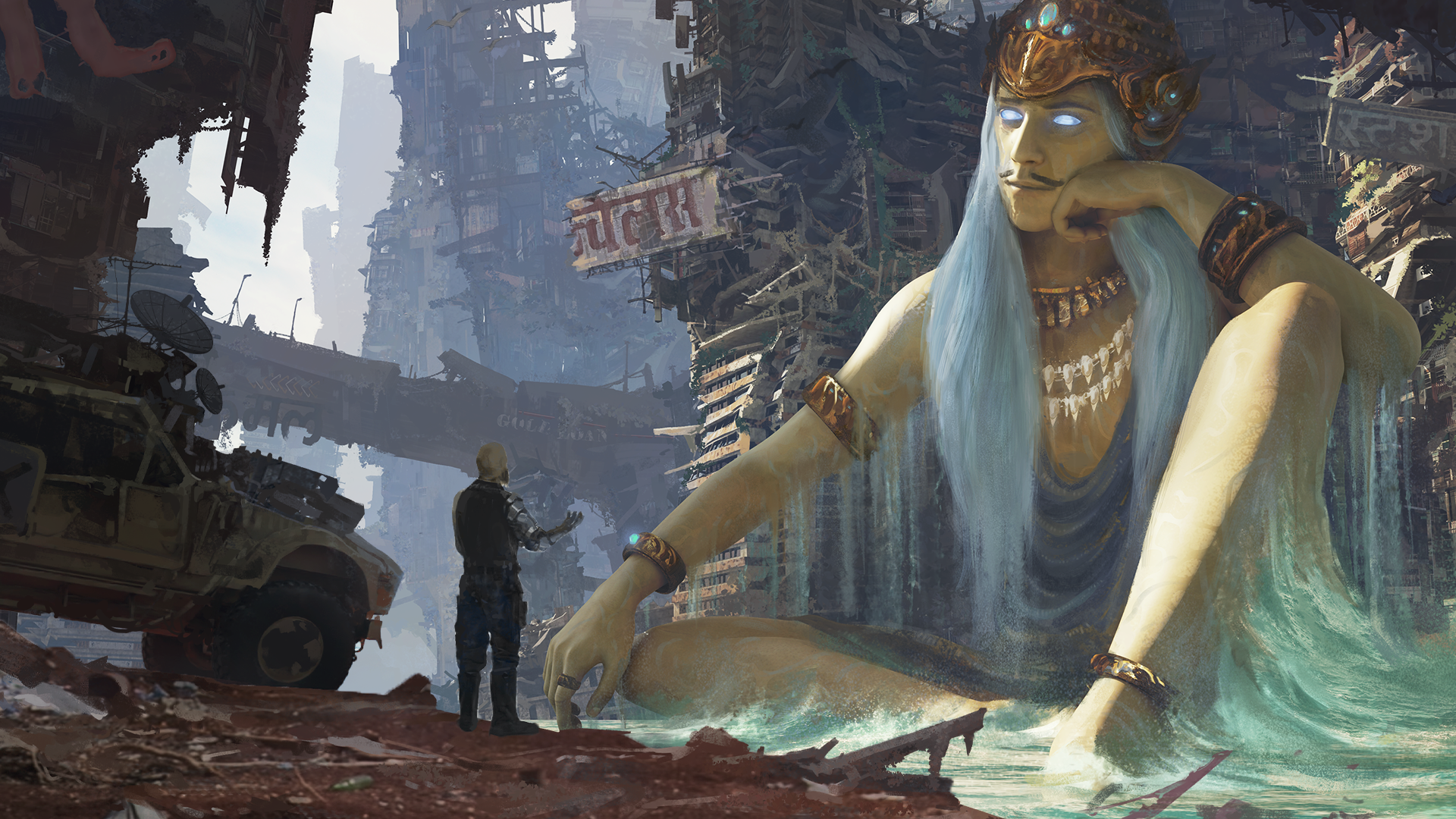 A huge god talking to a human in the tabletop RPG :Otherscape.