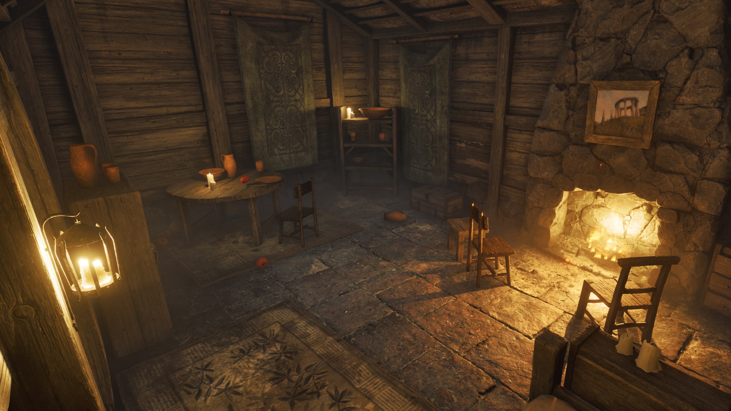 The interior of the Waterfront Shack in Oblivion Remastered. This house is mostly barren, with only a fireplace, bed, table, chest, and few comfort items. 
