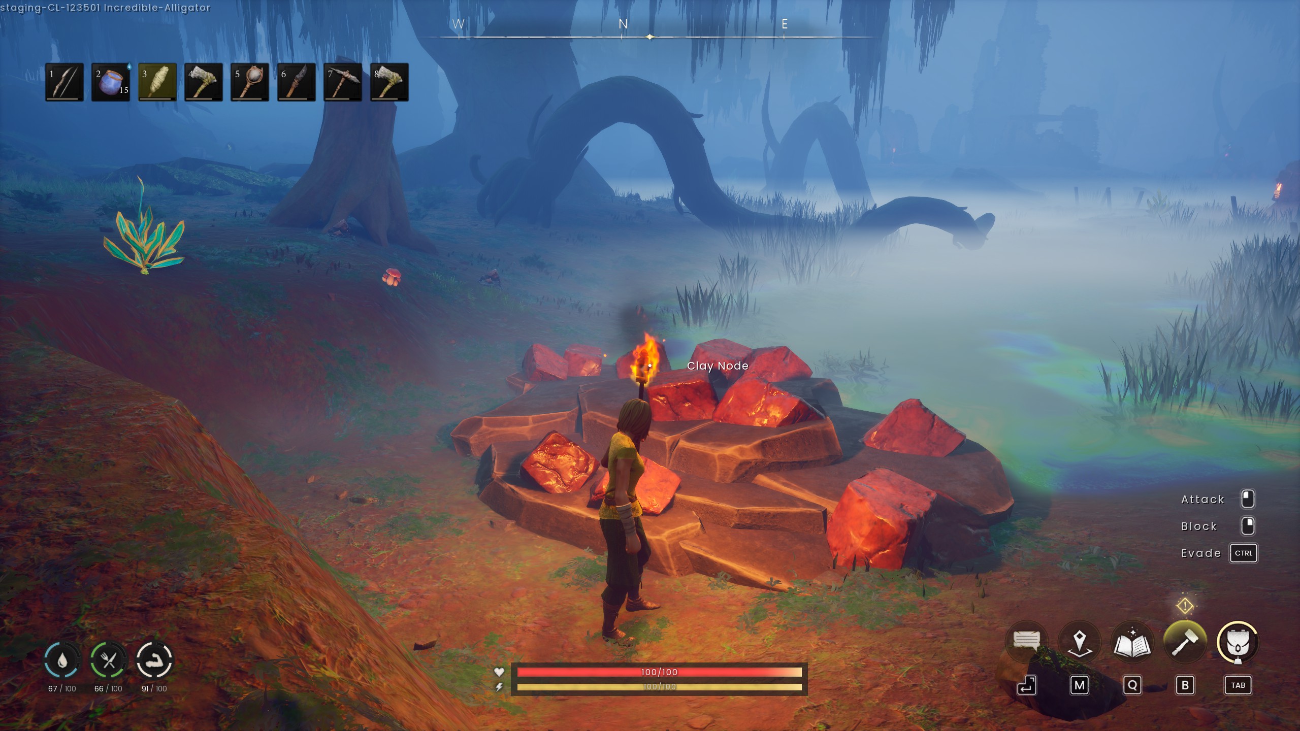 RuneScape: Dragonwilds: A player holds a torch while looking at a clay mining node in a misty swamp.