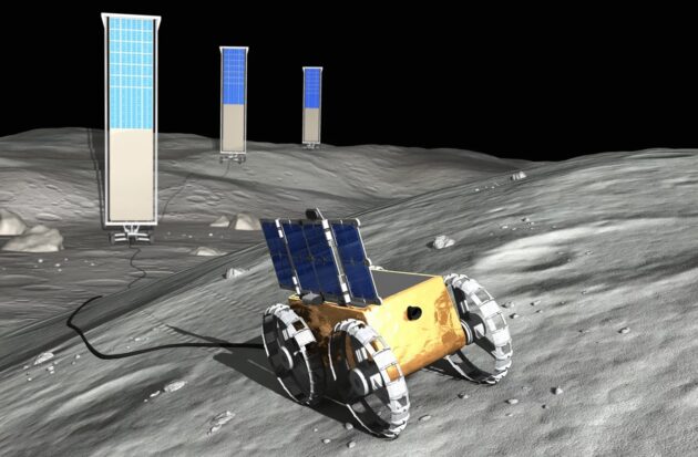Illustration: Astrobotic rover and charging stations on lunar surface