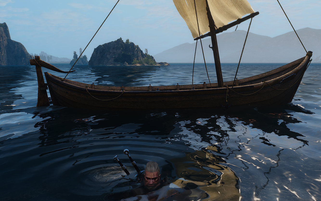 Geralt slips into the water from a boat