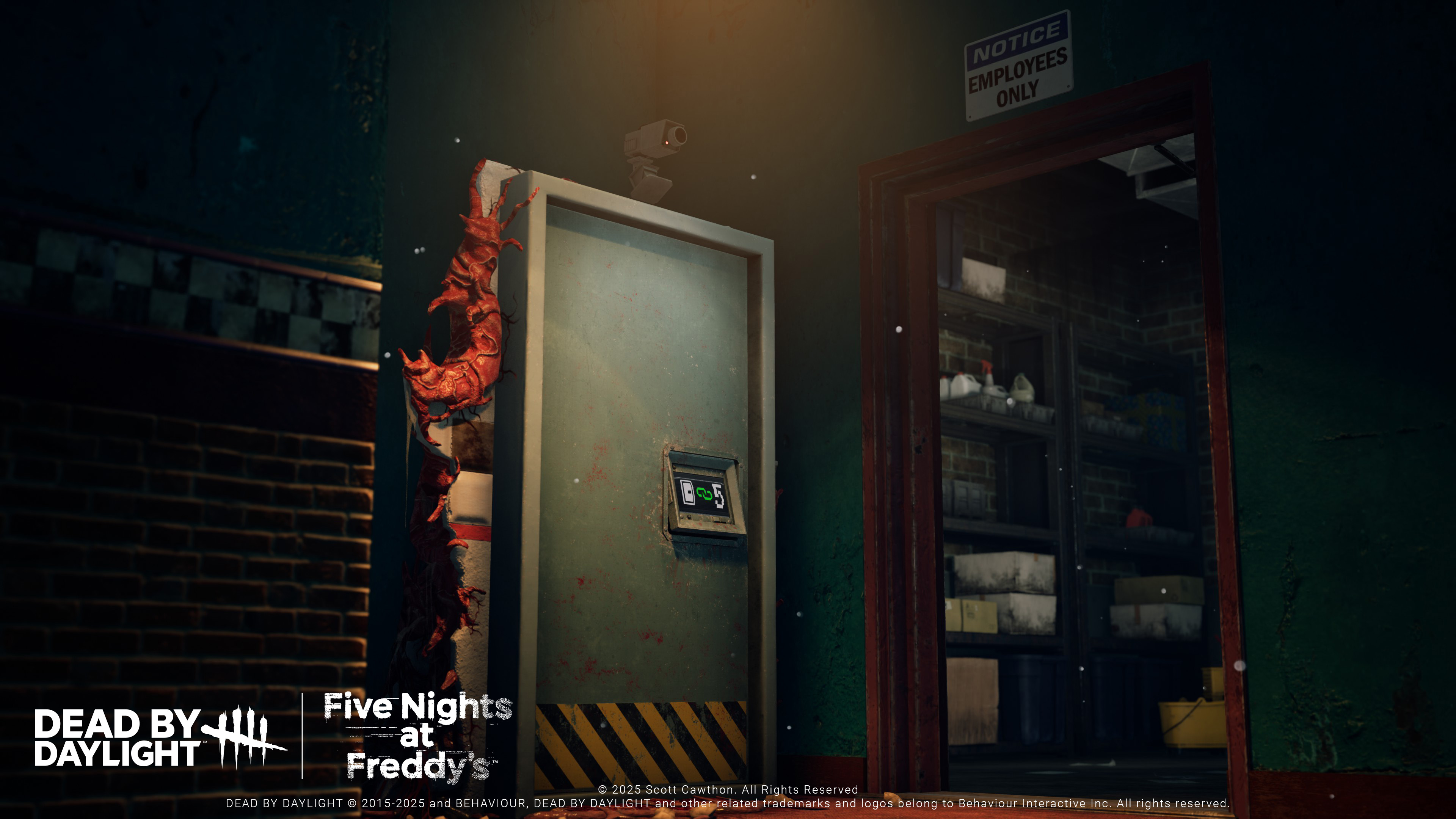 A teaser of the Dead by Daylight Security Room map, which is part of the Five Night at Freddy's chapter. It's a labeled close door in a dark room, it's difficult to make out what's around it. 
