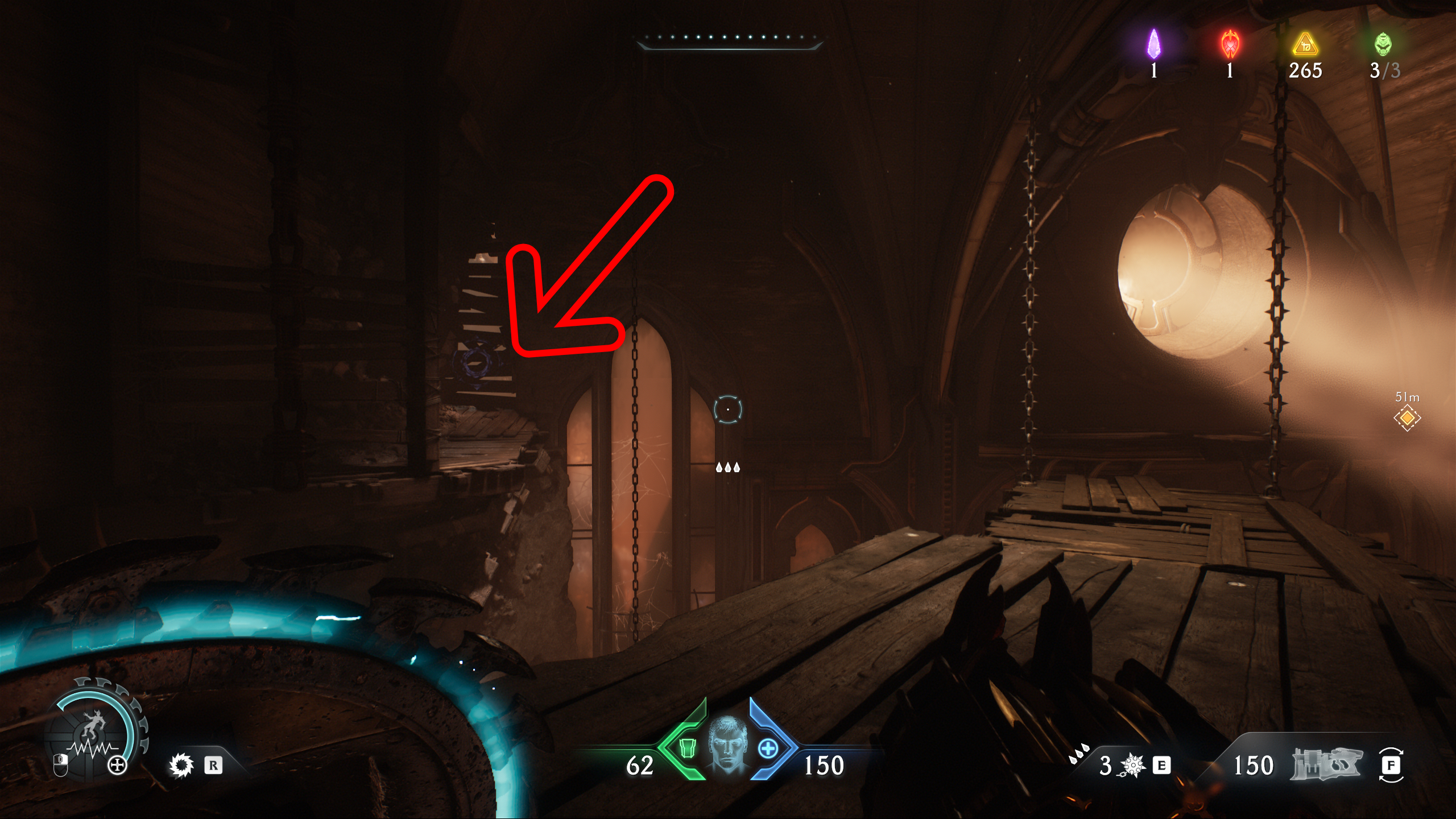 Doom: The Dark Ages Siege Part 2 secrets - An arrow pointing towards a hidden wooden barricade leading to the Pinky Rider toy. 