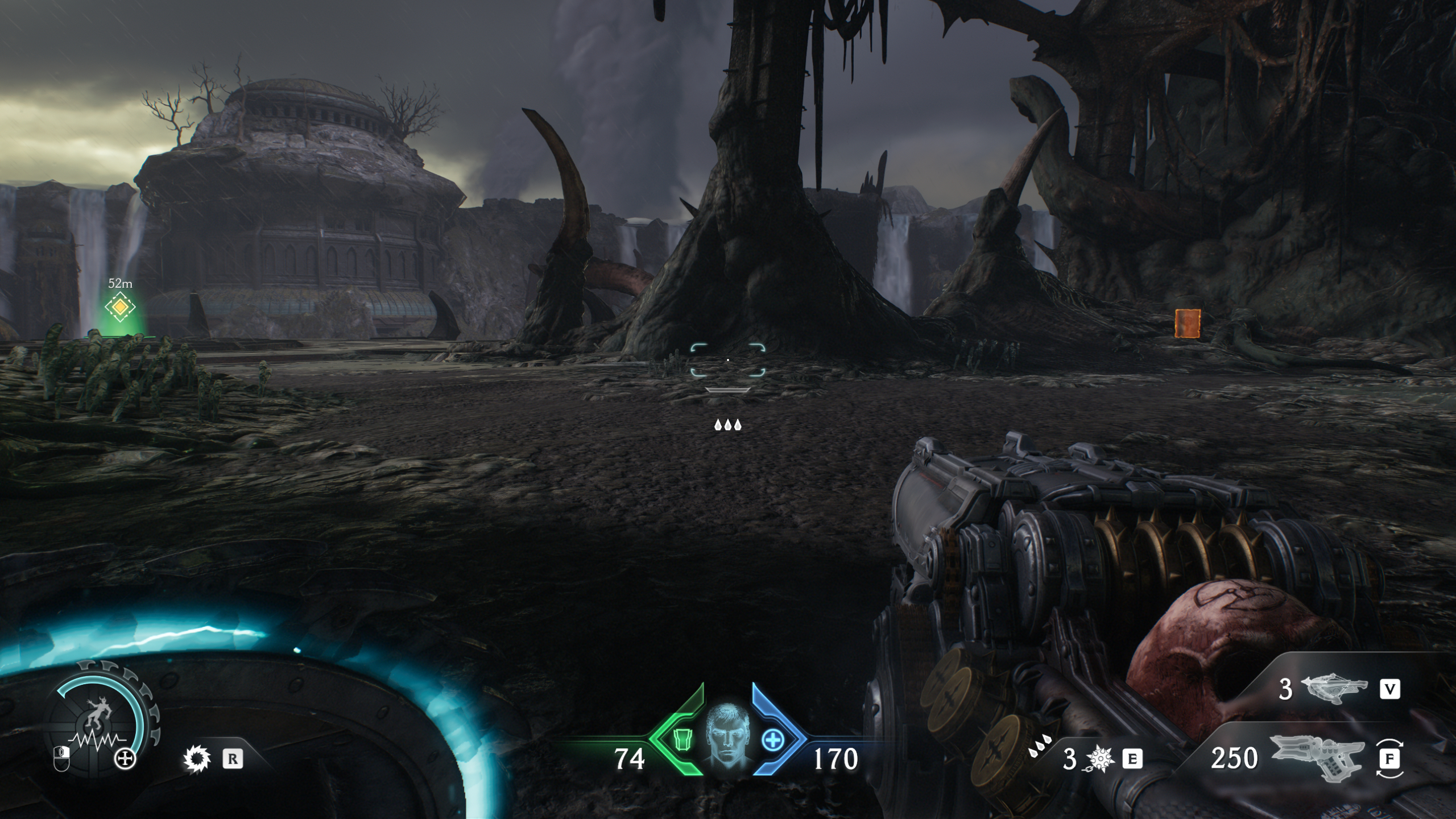 Doom: The Dark Ages Chapter 14 secrets - A codex entry item on the right, with a lift to continue the mission on the left side of the area. 