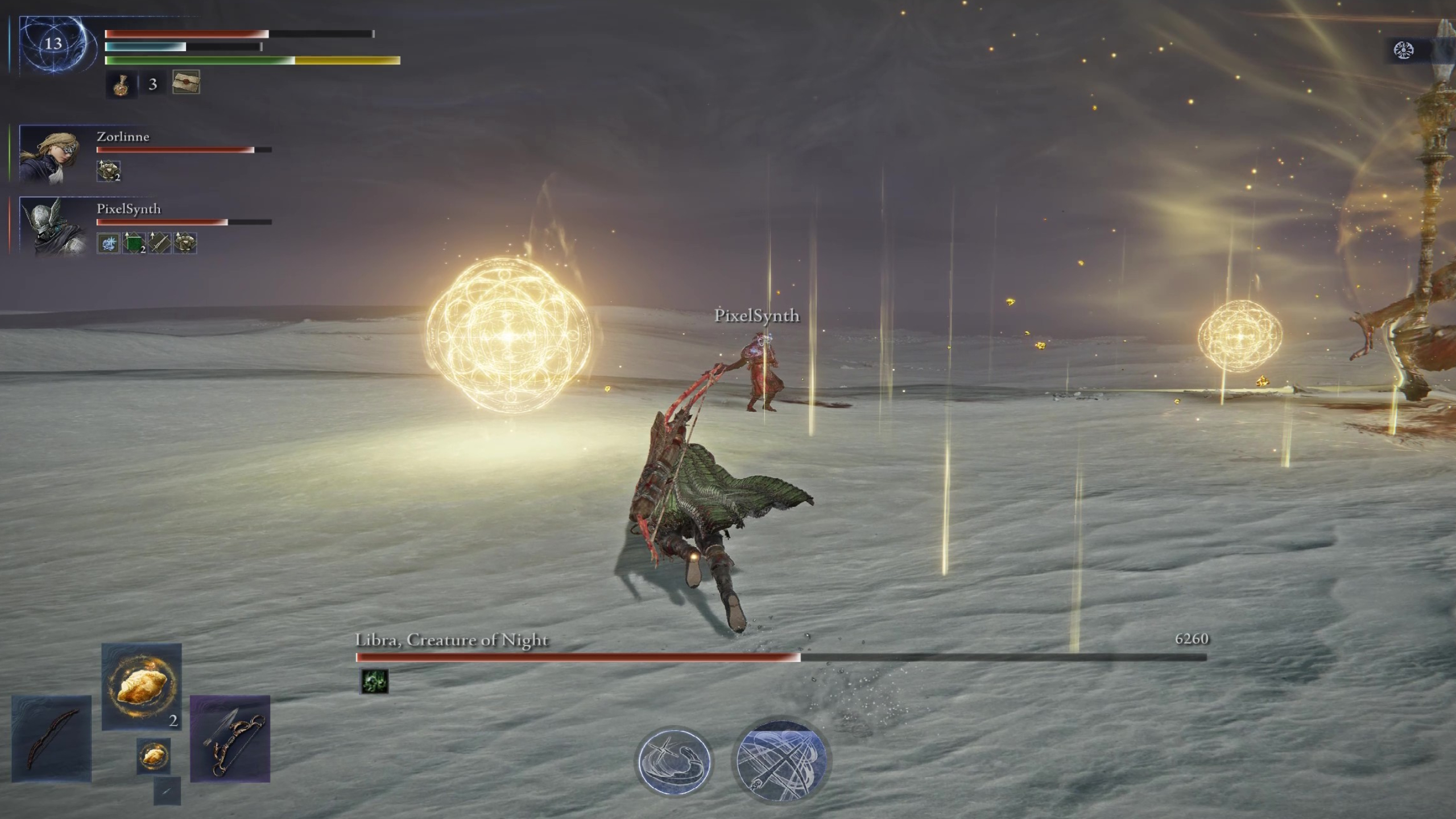Elden Ring Nightreign Libra boss Equilibrious Beast guide: Ironeye running towards a golden sigil to break Libra's meditation bubble.