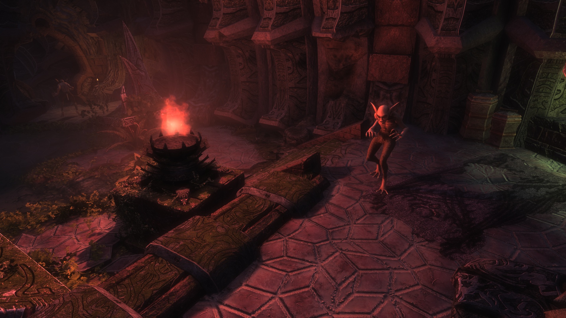 Imp exploring Daedric ruins in red light in Skywind