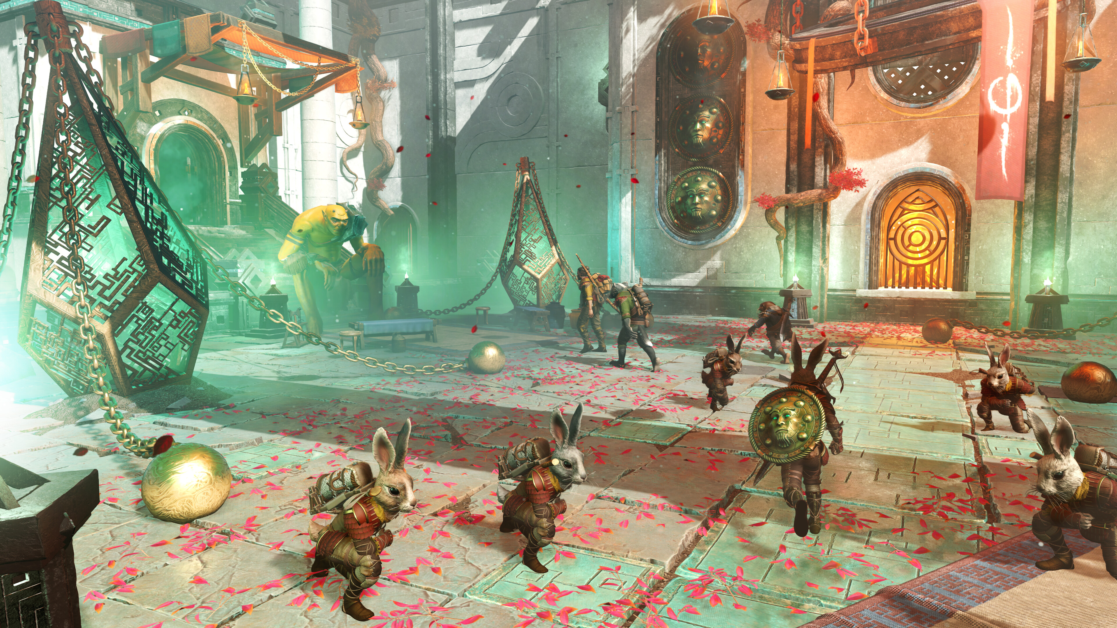 Rabbit men kneel to a group of players in Light No Fire.
