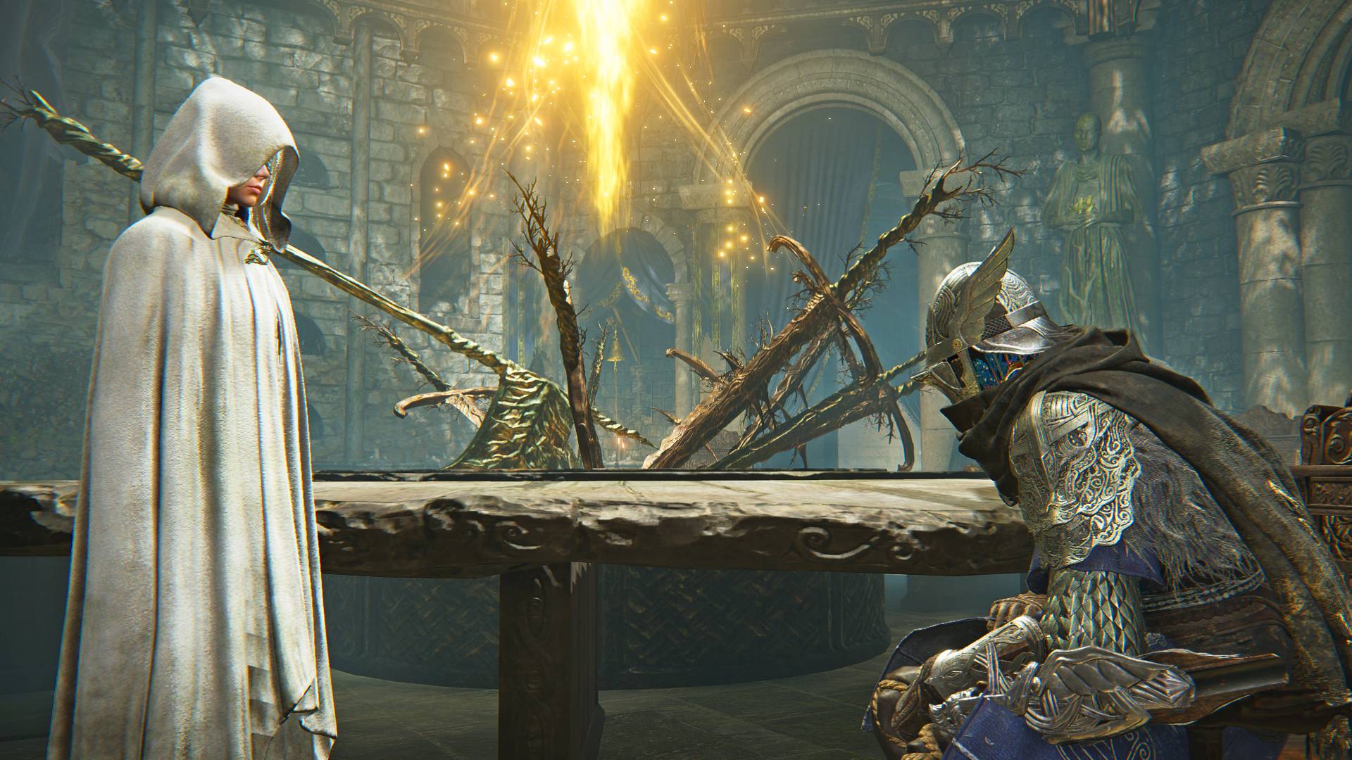 A cloaked Elden Ring Nightreign character stands before an armored character with a golden light behind them