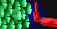 Illustration: A squadron of green avatars being held back by a red hand