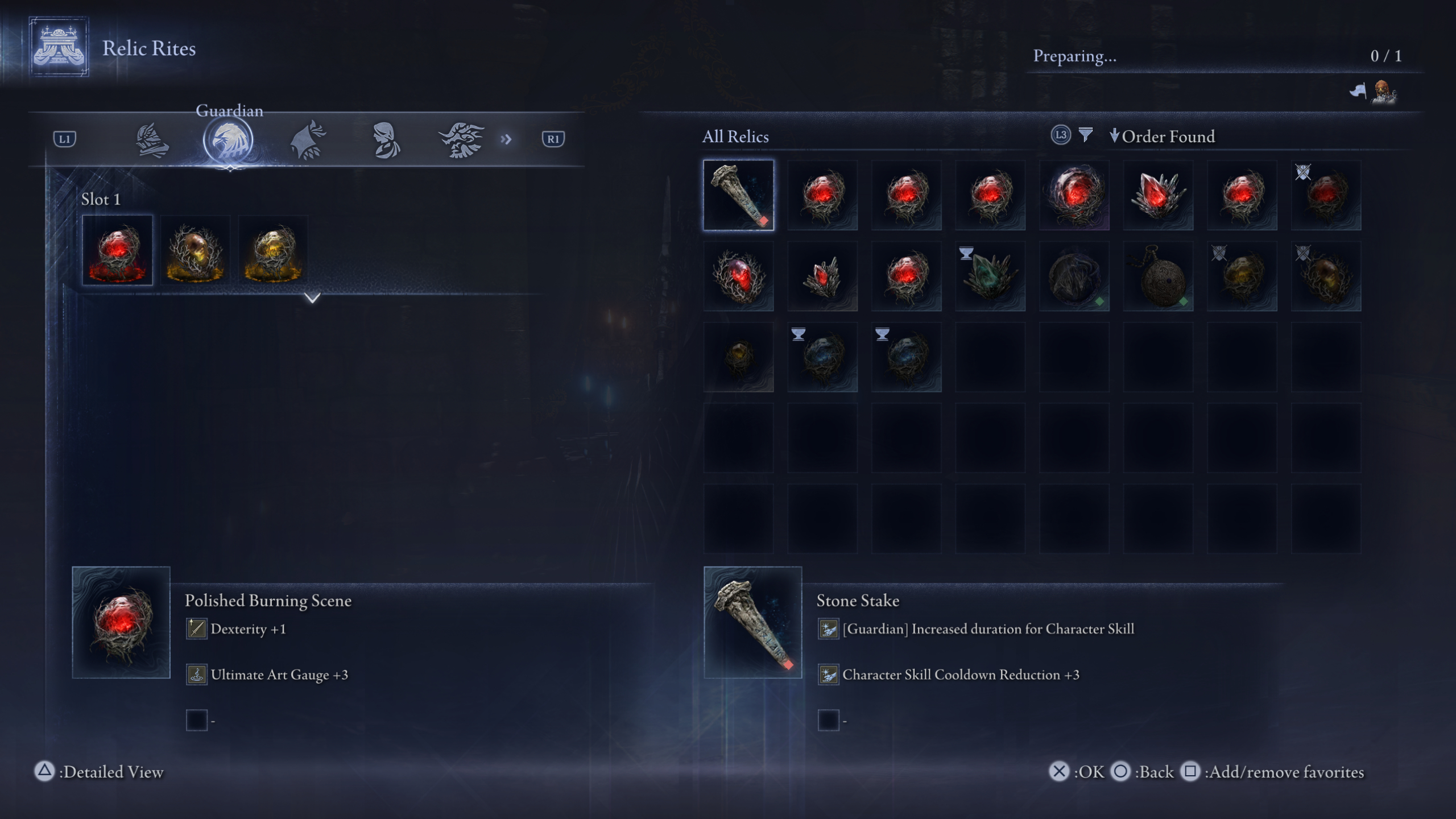 Elden Ring Nightreign Guardian Golem: The Stone Stake relic in the relic rites menu.