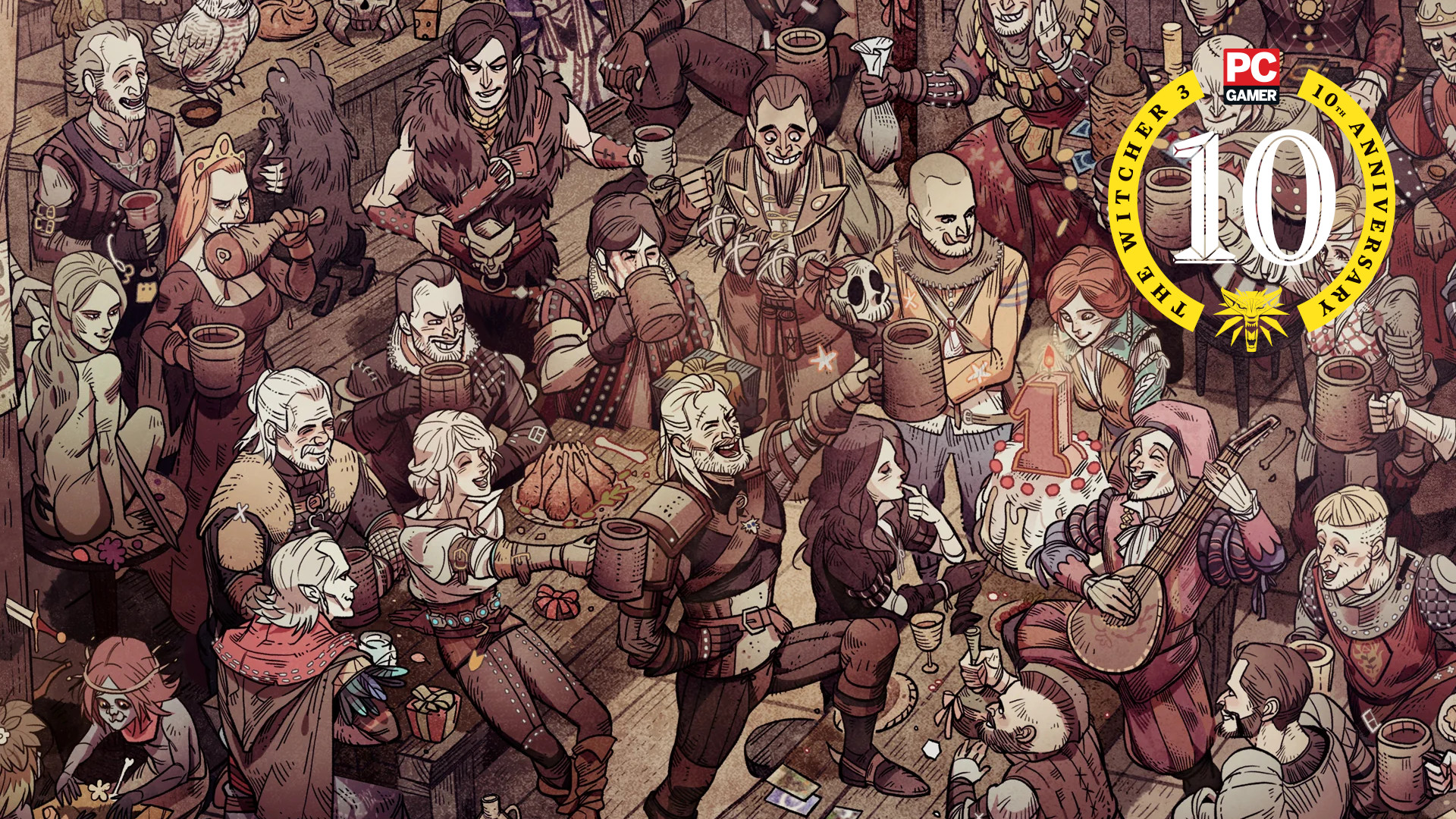 Various characters from The Witcher 3 drinking and celebrating in a tavern.