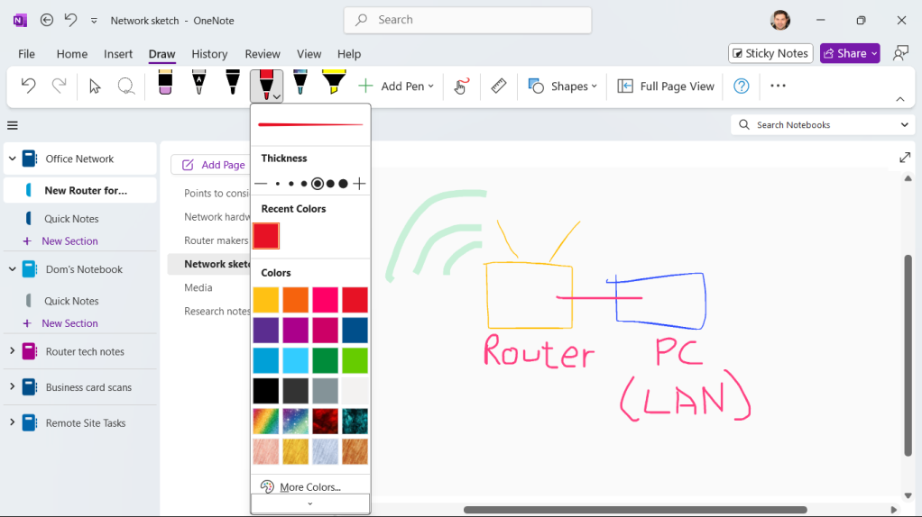 drawing tools and options in onenote windows app