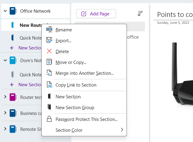 context menu with section managementn options in windows onenote app
