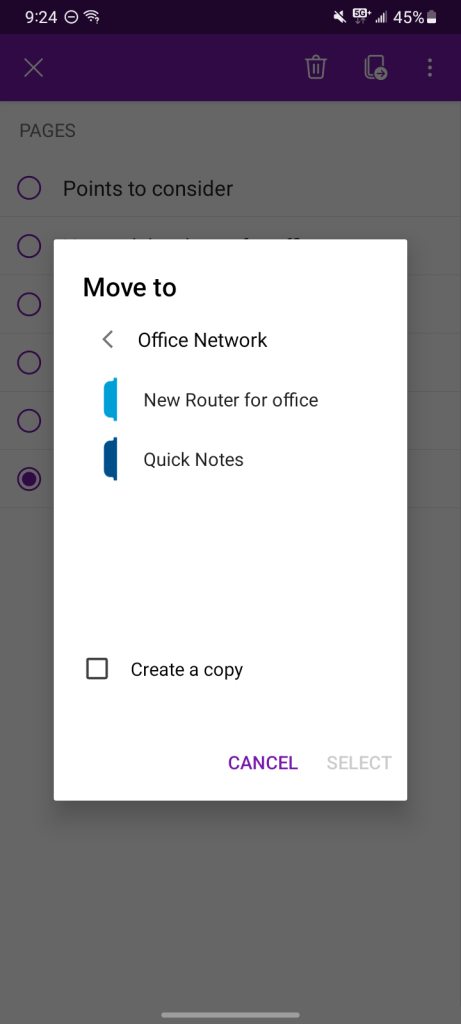 android onenote app showing move page screen