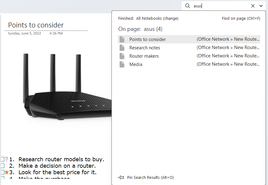 search results in onenote windows app