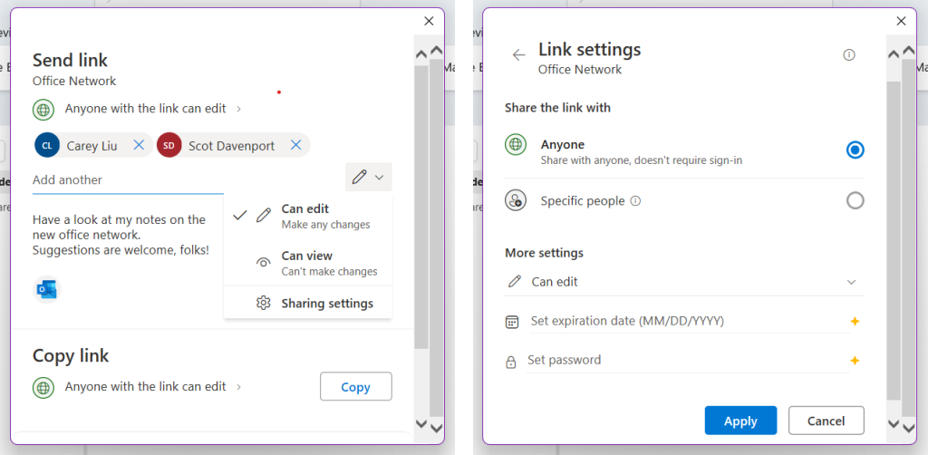 send link and link settings panes for sharing a notebook in onenote windows app