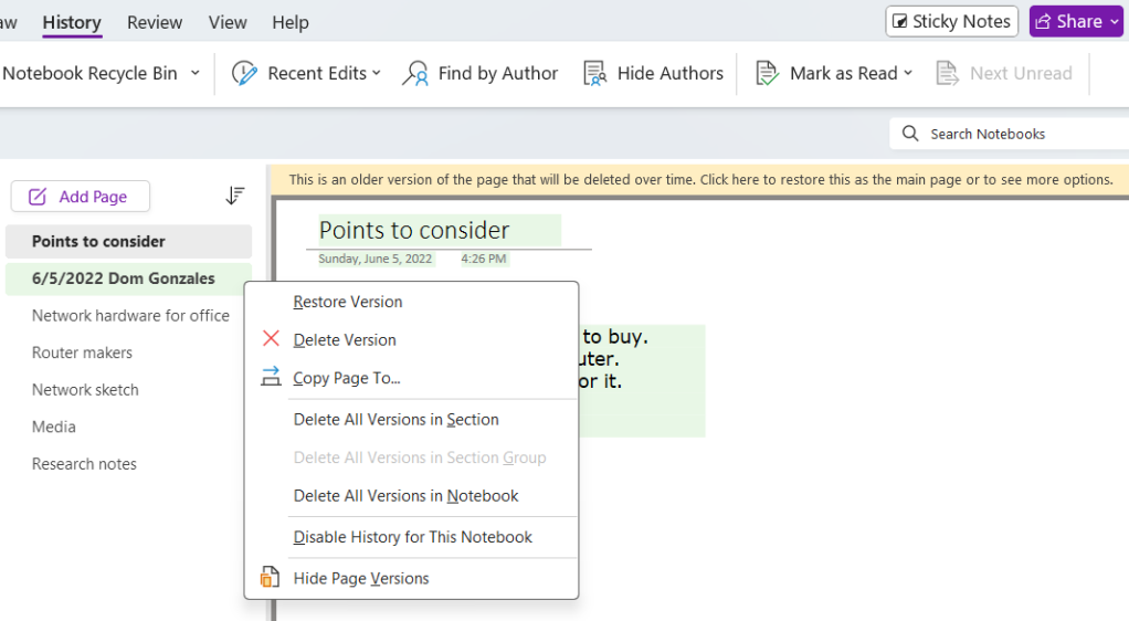 older version of onenote page with context menu for restoring this version in windows onenote app
