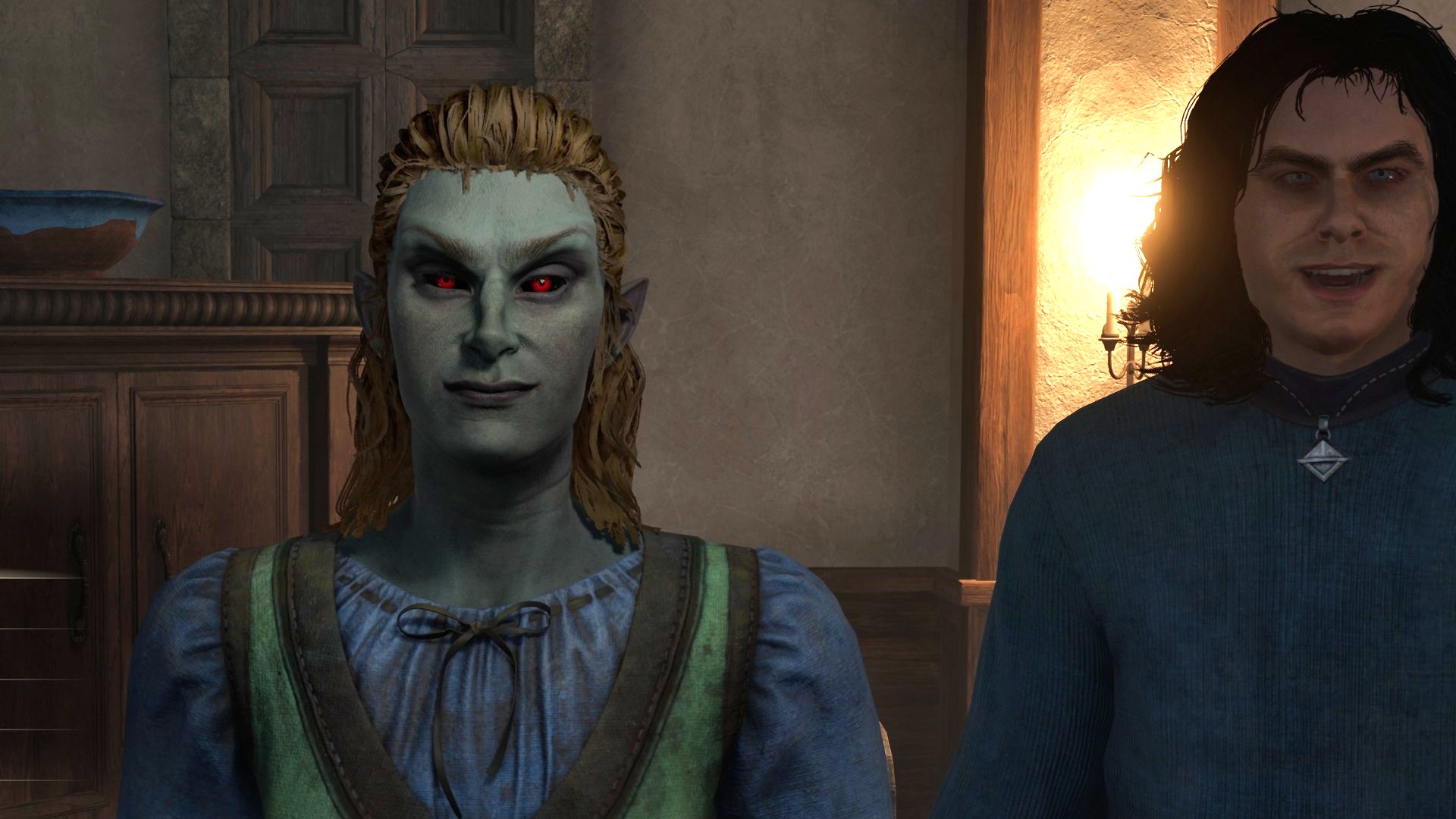 Dark Elf looking at camera with smiling nord wizard in background