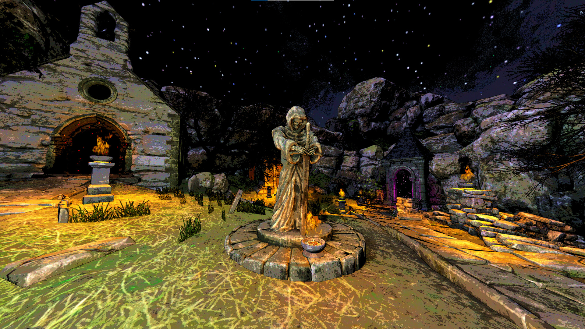 Mortal Sin hub area, showing statue before chapel with new, more colorful art style.
