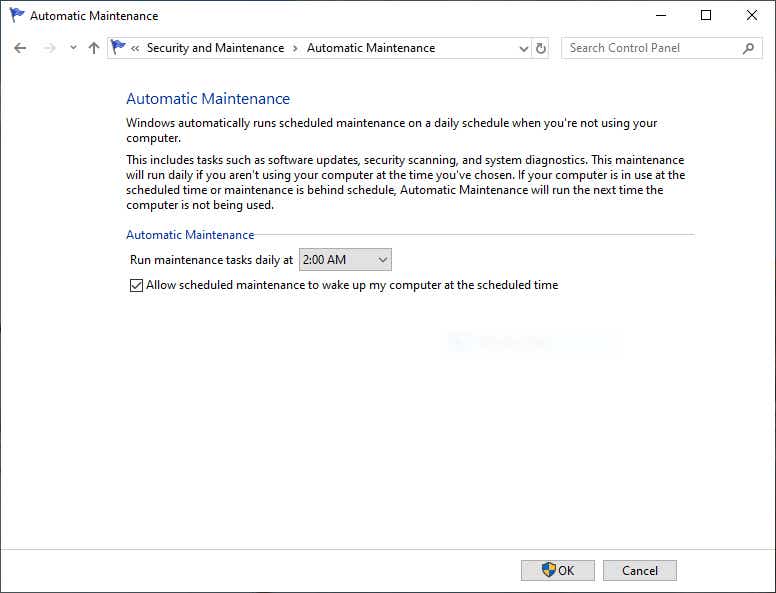 windows 10 automatic maintenance settings screen