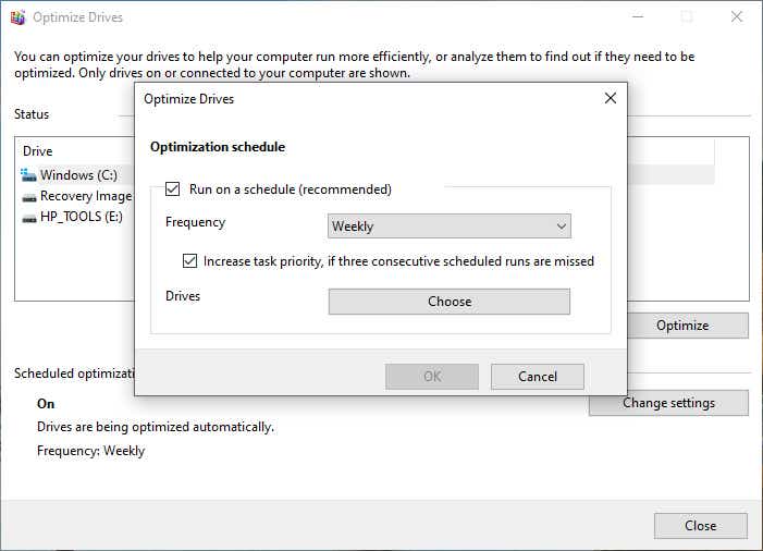 windows 10 defrag schedule optimization screen