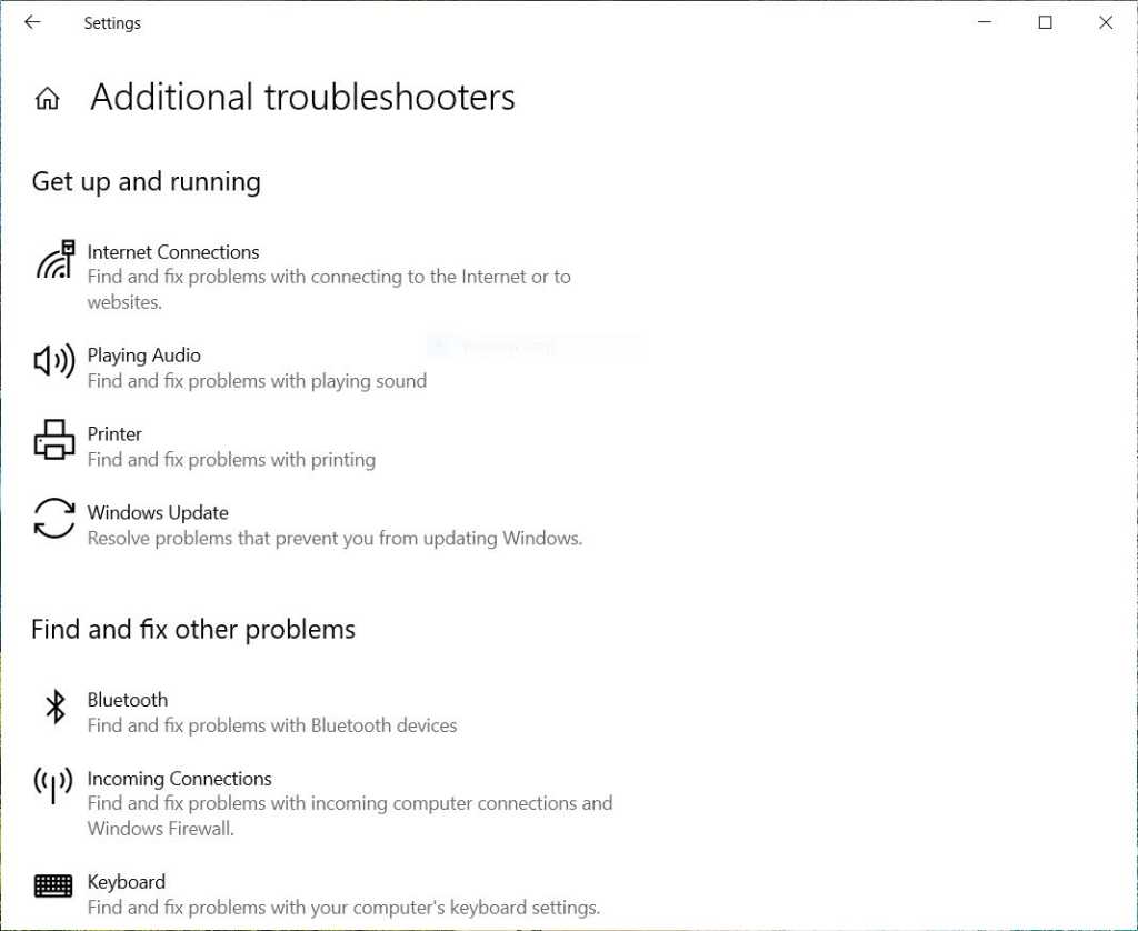 additional troubleshooters screen in windows 10
