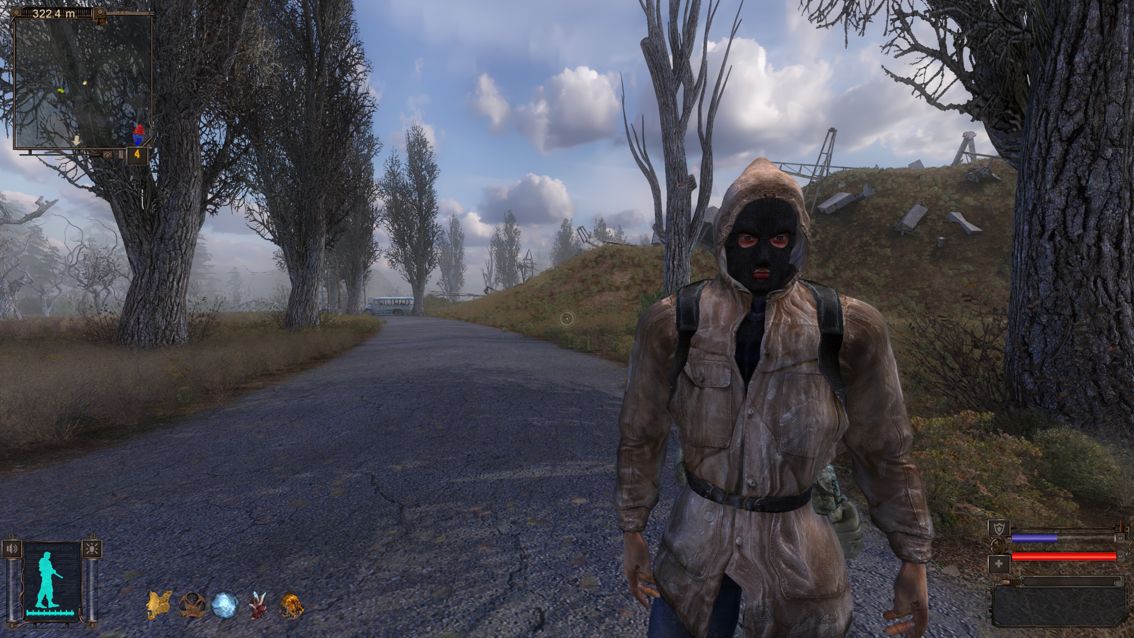 A Stalker in a beige jacket stands on a deserted road.