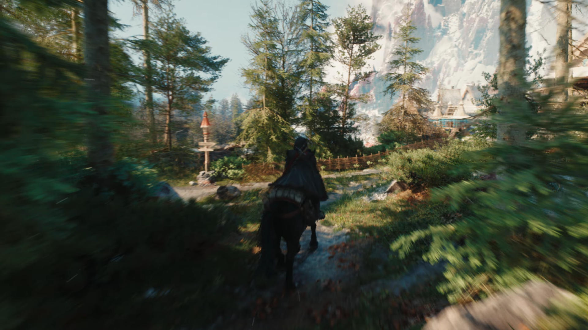 Ciri rides past a delightful little signpost in the Witcher 4 tech demo.