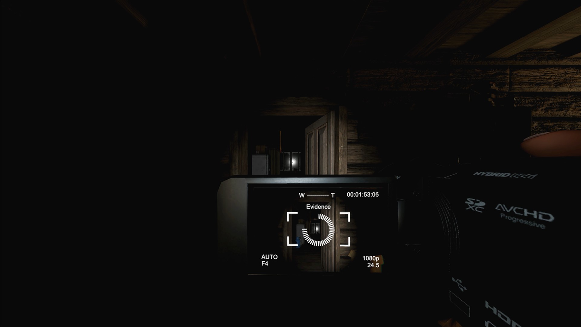Someone recording  a ghost interaction, showing how the new Phasmophobia Chronicle update captures evidence. The indicator uses a little while circle filling up to indicate if the video finished recording. 