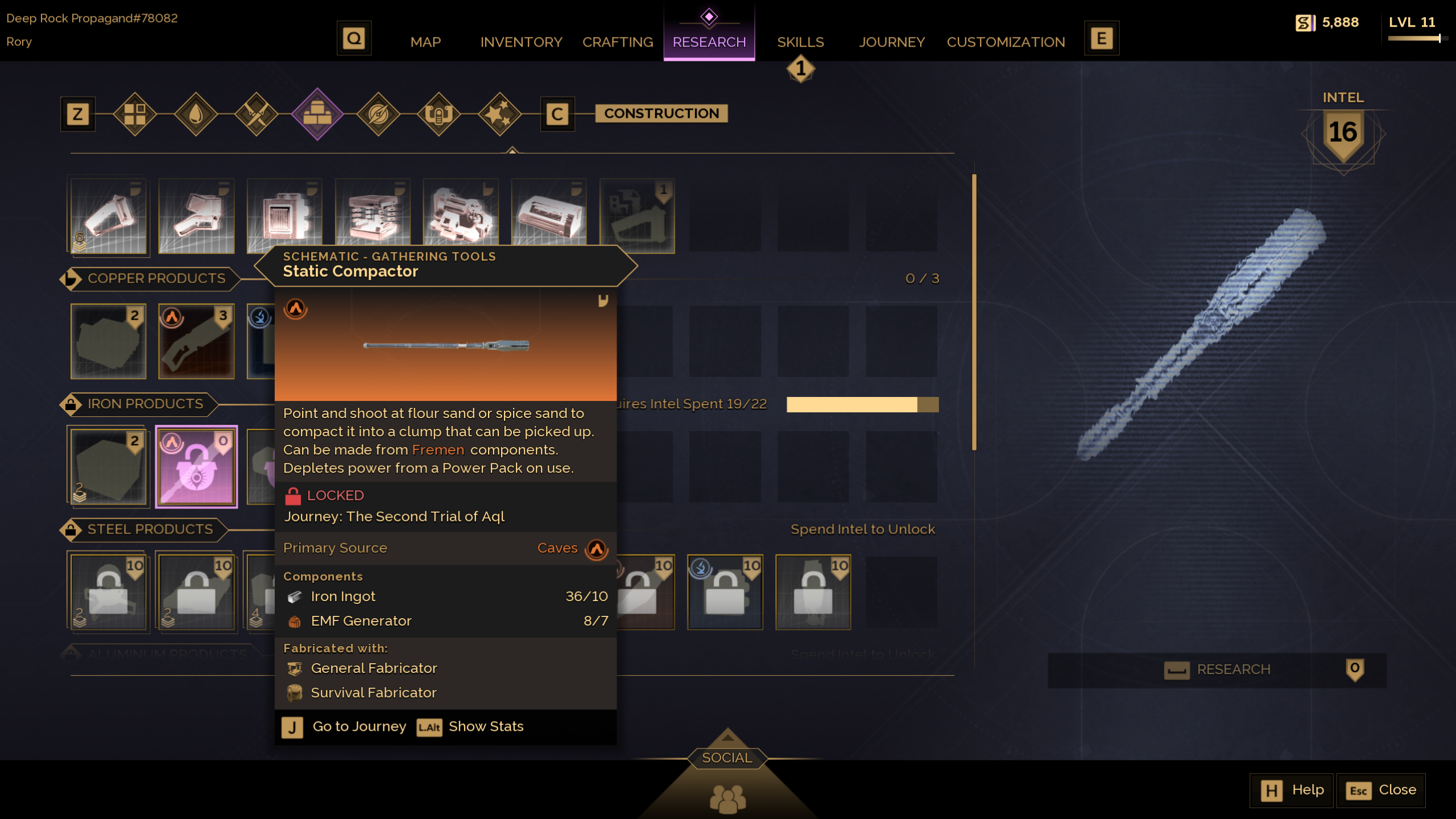 Dune: Awakening spice sand location - The static compactor in the research menu, showing the crafting recipe.