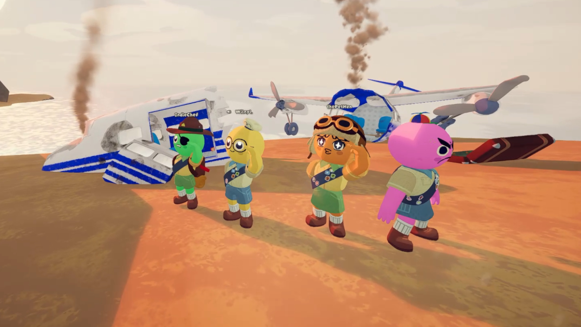 Four scouts saluting near a downed plane in Peak.