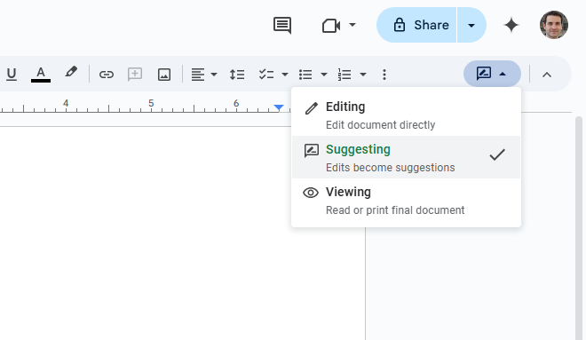 google docs - using the edit menu at upper right to switch to suggesting mode