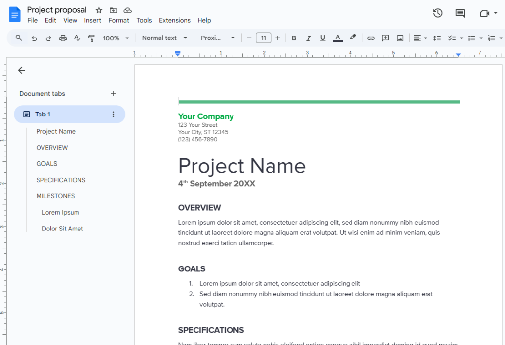 document tabs sidebar in google docs showing shortcuts for headings in document