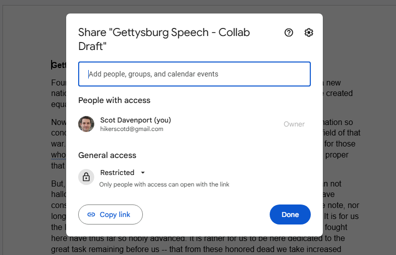 first screen of the share pane in google docs