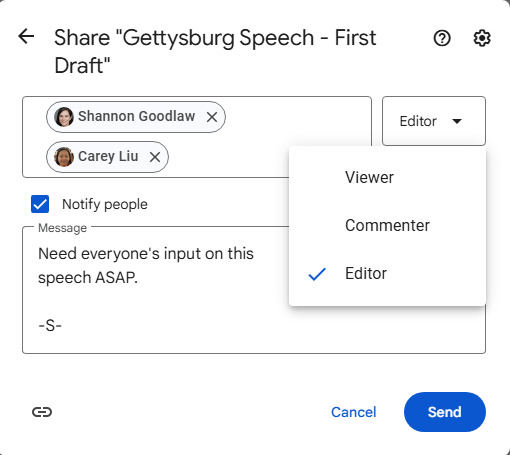 selecting viewer commenter or editor permissions on share pane in google docs