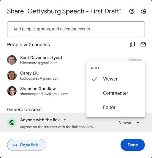 google docs share pane adjusting public link permissions - viewer commenter editor