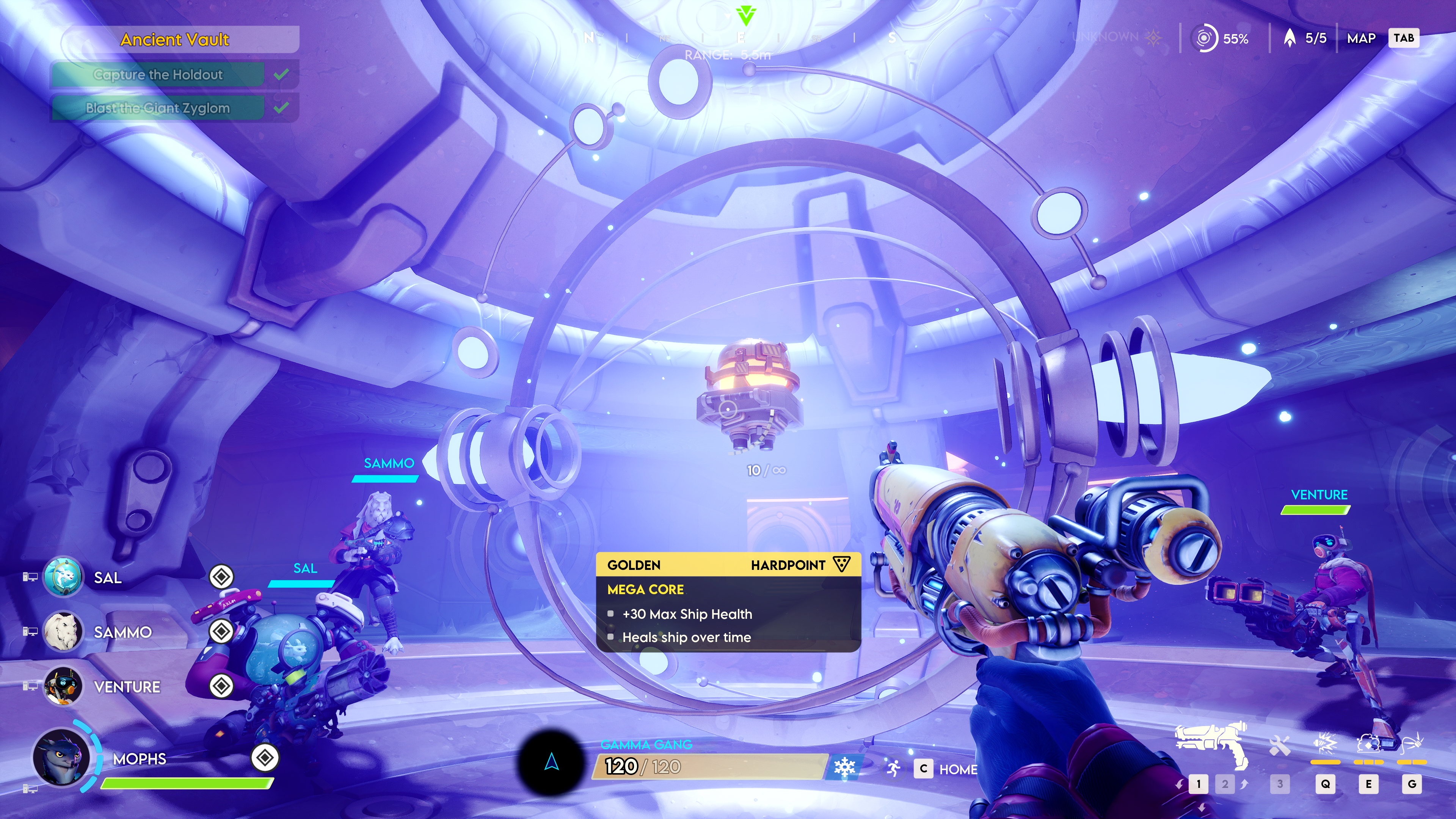 A crew of Wildgate prospectors inspect a lootable ship hardpoint while raiding a vault.