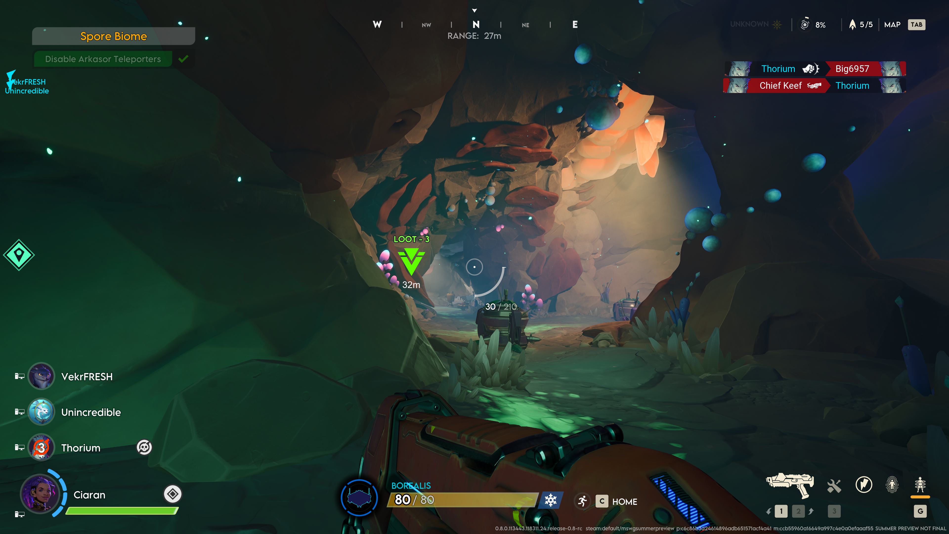 A dark cavern with blue spores growing on its walls from the first-person perspective of a player in Wildgate