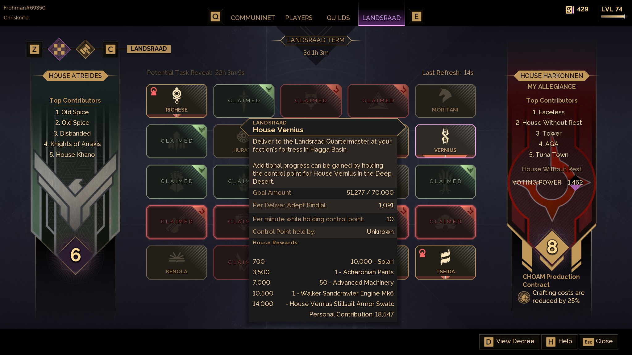 A grid showing Landsraad tasks