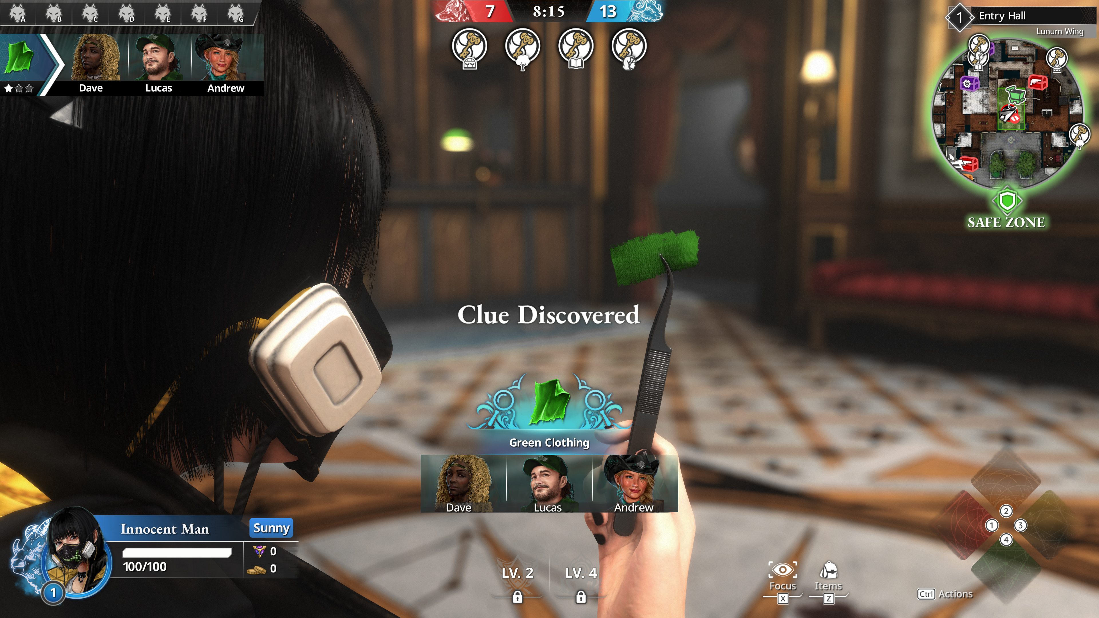 Someone using tweezers to hold up evidence of a murder, showing a green scrap of cloth