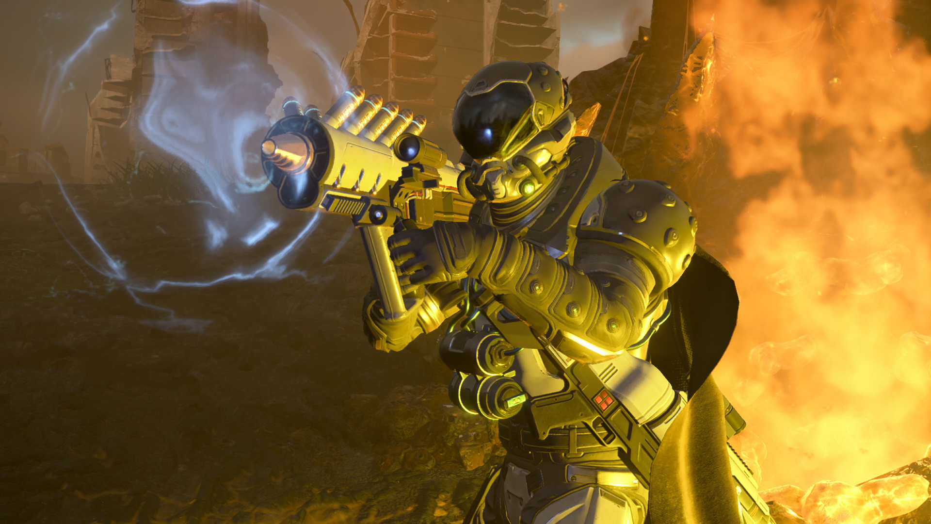 A Helldiver wielding a PLAS-45 Epoch plasma cannon support weapon from the Control Group warbond.