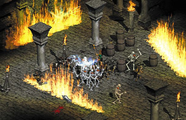 A Diablo 2 player battles a whole mess of skeletons.