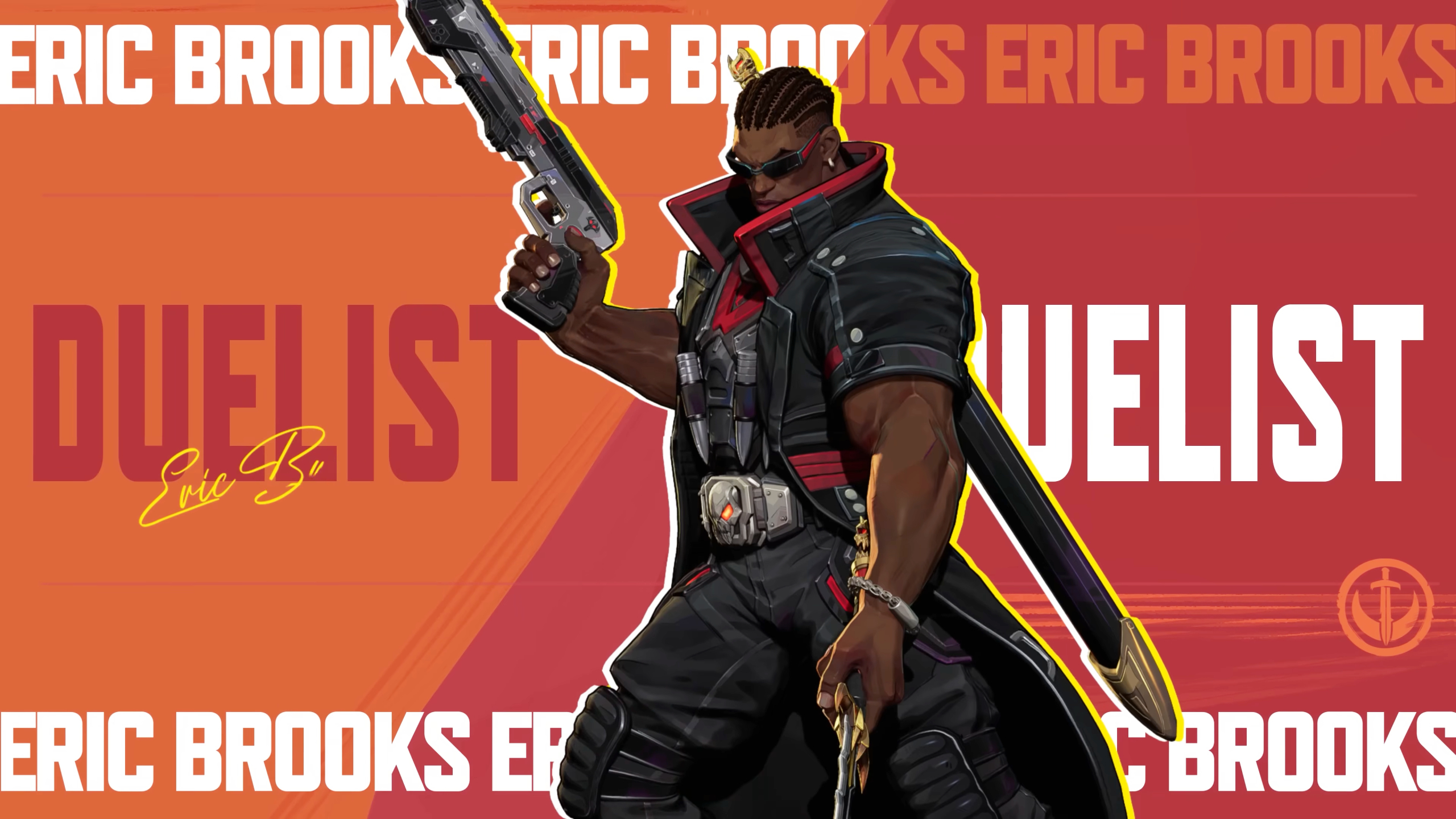 Marvel Rivals Season 3.5: Artwork for Blade, who's posing in the middle with a gun pointing upwards in his right hand and his sword pointing downwards in his left hand. The background text says "Duelist" and "Eric Brooks".
