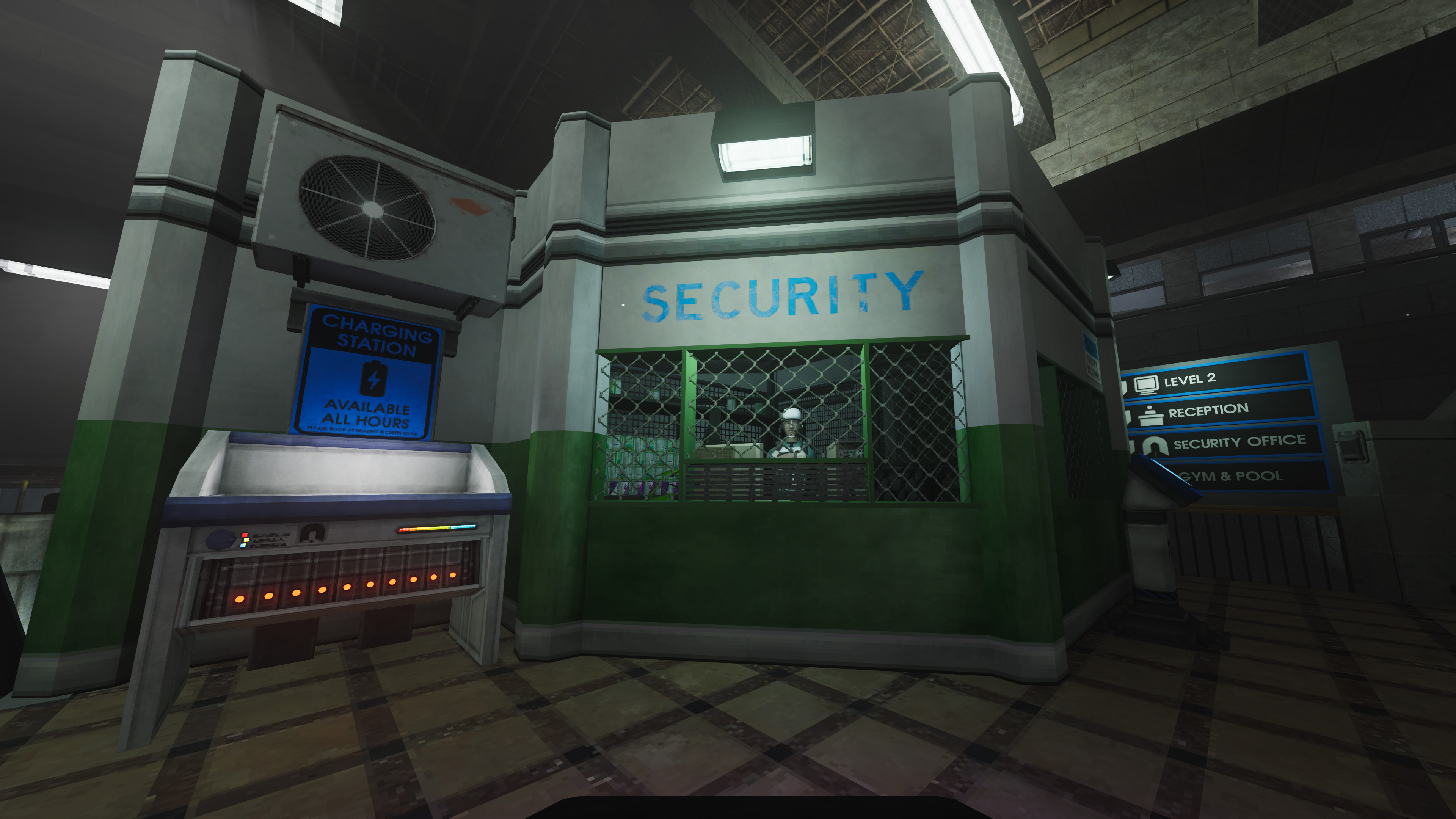Abiotic Factor's security guard stall in the Office Sector Tram Plaza. You can see Warren sitting just behind the grate. 